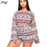 Women Cropped Top+Lace-up Pants Suit Knitting Christmas Prints Round Neck Long Sleeve Fall Leisure Wear Pajama Sets 2PCS