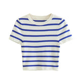 New Short Style Slim Short-Sleeved Striped Knitted Blouse In