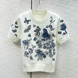 Summer Butterfly Flower Embroidery Sweaters Women's Knit Tops Design Runway O-Neck Short Sleeve Pullover Knitwear