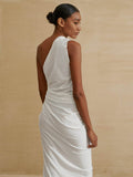 Out Women Midi Beach Dress White One Shoulder Sleeveless 2024 Summer Y2K Sexy Dresses Bodycon Party