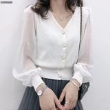 Winter Spring New Long Sleeve Button Knitted Blouses Female Fashion V-neck Solid Color Shirts Loose Casual Tops