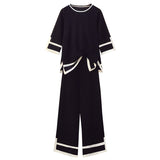Women's Knitted Two Piece Suits Color Contrast Loose Pullover Sweater Jumpers And Wide Leg Pants Plus Szie