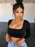 Spring Crop Top Long Sleeve Women Black Sexy Shirt White Square Neck Casual Tee Top Mujer