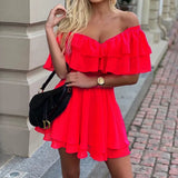 Spot 2025 Summer New One-Word Shoulder Sleeveless Flounce Sexy Mini Chiffon
