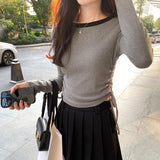 The Color Mousse Cashmere Draped Rope Pleated Long-Sleeved T-Shirt Women's Autumn And Winter New Short Style