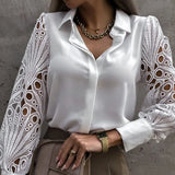 Sexy Lace Hollow Out Women Blouse 2023 Spring Black Vintage Button Up Shirts Top Long Sleeve Mesh Design Tops Femme