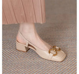 Zingj French Horse Title Buckle Soft Leather Bun Sandals Female Summer Middle Heel Soft Sole Comfortable Square Head Back Empty Thick Heel Single Shoes