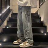 Street Jeans Men's Star Embroidery Design Straight Trousers Chao Brand Ins Loose Wide-Leg