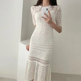 Hollow Out Women Knit Short Sleeve High Waist Bandage With Vest Midi Female Fashion Chic Dress