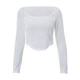Zingj U-Neck Water Corrugated Long-Sleeved T-Shirt Autumn Popular Women's Wear Versatile Show Thin Inside The