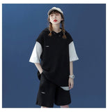 Women Hooded Top Shorts Matching Sets Summer Casual Loose Sportswear Female False Two Clothes Suit Patchwork Hoodie