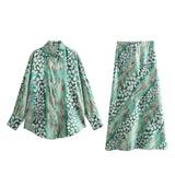 Spring Style Silk Satin Loose Shirt Printed Flute Skirt