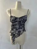 Sweet Hot Ruffles Mesh Camisole Top Lady Camis Sleeveless Printed Floral T shirts High Stretch Slim Tanks For Slim