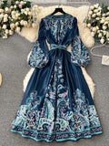 Early Spring New French High-End Style One-Piece Lace-Up Waist Printed Dress Women's Light Extravagant And Elegant