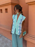 Bohemia V Neck Single-breasted Printed Vest Women Elegant Sleeveless Waistcoat 2024 New Summer Chic Lady High