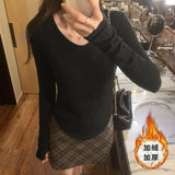 Pleated Waist Bottomed T-Shirt Women's New Hair-Grabbing Multicolor Shoulder Long-Sleeved T-Shirt In Autumn And