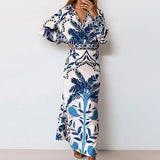 New Women's V-Neck Long-Sleeved Half-Dress Retro Print Early Spring Lazy Casual Fashion