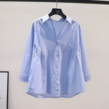 2025 Spring And Autumn New Clad Waist Design Folds Loose Cotton Shirt Women Blue Long-Sleeved