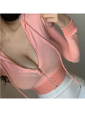 Sweatshirt Pink Workout Short Sexy Autumn New Casual Hood Zipper Elegant Solid Color Long Sleeve Top Korean Girl