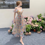 Zingj Organza A Word Shoulder Bubble Sleeve Broken Flower Condole Belt Dress Spring And Summer New Big Place Long