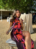 Female Vintage Printed Long Skirts Suits Chic Round Neck Sleeveless Crop Tops High Waist Skirt Set Female Street
