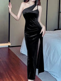 Party Bodycon Velvet Midi Dresses for Women 2023 Autumn Winter Vintage Sleeveless Robe Sexy Split Black Female