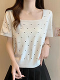 Zingj New Summer Printing Wave Point College Style Ice Silk T-Shirt Square Collar Short-Sleeved Sweater T-Shirt
