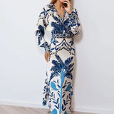 New Women's V-Neck Long-Sleeved Half-Dress Retro Print Early Spring Lazy Casual Fashion