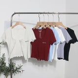 Casual Wood-Eared Embroidery Short Small Cardigan Bottom Shirt T-Shirt T-Enum T-Shirt
