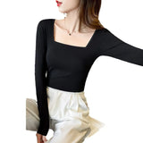 Zingj Square Collar Undershirt With The 2024 New Fall Tight Low Collar Long-Sleeved T-Shirt-Outfit