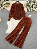 Knitted Two Pieces Suits Round Neck Labyrinth Print Loose Sweater+Wide Legs Long Pants Women Korean Style Casual