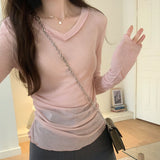Slim, V-Collar, Straight Shoulder, Long-Sleeved T-Shirt, New Autumn Pleated Blouse, Solid Color Bottomed