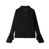 Black Striped Shirt Women's Spring Autumn New Irregular Length Design Sense Personality Lotus Leaf Sleeves Blouse