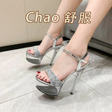 Zingj Summer Sequins With Ultra High Heel Transparent Bottom Crystal Thick Heel Women's Single Shoes Sandals Wedding Bridesmaid Moon