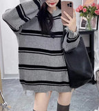 Zingj Autumn Winter New Style Restore Ancient Ways Temperament Loose V Collar Wool Edge Fringe Stripe Languid Lazy Wind Set Sweater