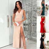 Zingj Women's Solid Color Sexy Slim V-Neck Sleeveless Slit
