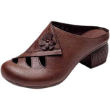 Zingj Leather Head Semi-Slippers Female 2023 Summer Retro Medium-High Heels Hollowed-Out Thick Heels Cool Middle-Aged
