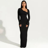 Zingj Women's Long Sleeve Oblique Collar Temperament Repair Behind The Fork Long Dress