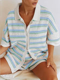 Women Causal Stripe Printed Short Suits Fashion Lapel Single Breasted Half Sleeves Shirts High Waist Loose Shorts 2 Piece