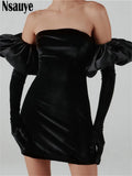 Long Puff Sleeve Off Shoulder Autumn Winter Elegant Evening Party White Black Mini Dress Sexy Women Kawaii