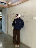 Navy Blue Bow Stripe Puffer Jacket- Outfit