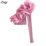 Women Transparen Organza Flower Design Asymmetric Knitting Short Smock Blouses Female Crop Shirts Chic Blusas Tops