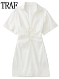 Women's Dress Cut Out Shirt Dress Women Short Sleeve White Dress Woman Strappy Summer Short Dresses Ruched Casual