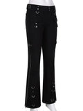 Rivet Goth Black Jeans Dark Academic Girl Techwear Side Zipper Low Waist Straight Denim Trousers Women