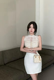 Spicy Girl Lace Stitching Dress Women Summer White Temperament Waist Sleeveless Wrap Hip Short Dress Fashion Lady