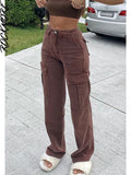 Brown Vintage Baggy Jeans Women 90s Streetwear Pockets Wide Leg Cargo Pants Low Waist Straight Denim