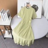 Two-Color Short-Sleeved Pleated Irregular Dress In
