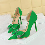 Zingj Korean Version Of Fashion High Heels With Super High Heel Shallow Mouth Tip Side Hollow Water Diamond Bow Single