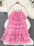 Cascading Ruffle Mesh Spaghetti Strap Mini Dress Women Purple/Green/Pink Sleeveless A-Line Vacation Beach Vestidos