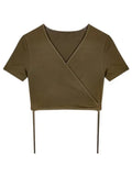 Summer Casual Tee Tops Women T shirts Solid V-neck Sexy Cropped Cross Tie-Up Harajuku Basic Korean Street T-shirts